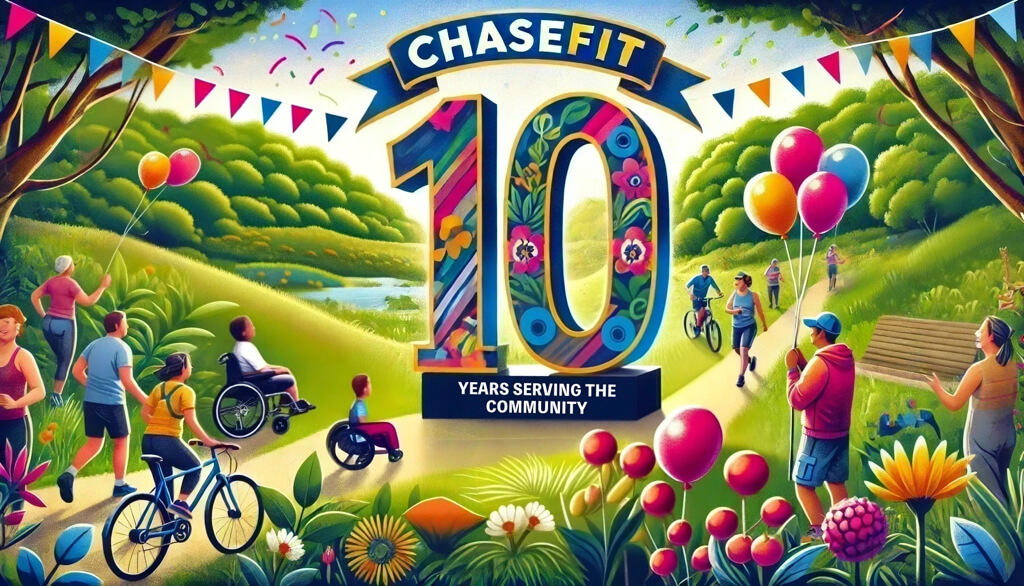 Colorful banner celebrating ChaseFit's 10th anniversary, featuring a large '10' with floral patterns. People of all ages and abilities are enjoying outdoor activities in a lush park with balloons, streamers, and festive decorations, symbolizing community and health.